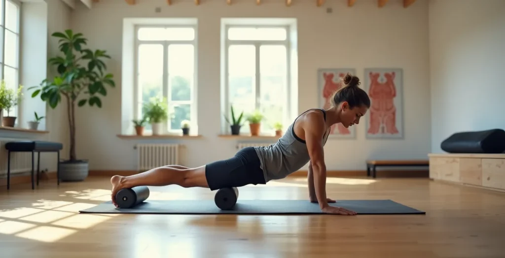 Dimostrazione della corretta posizione per il trattamento del TFL con foam roller evitando la pressione diretta sull'osso Dimostrazione della corretta posizione per il trattamento del TFL con foam roller evitando la pressione diretta sull'osso